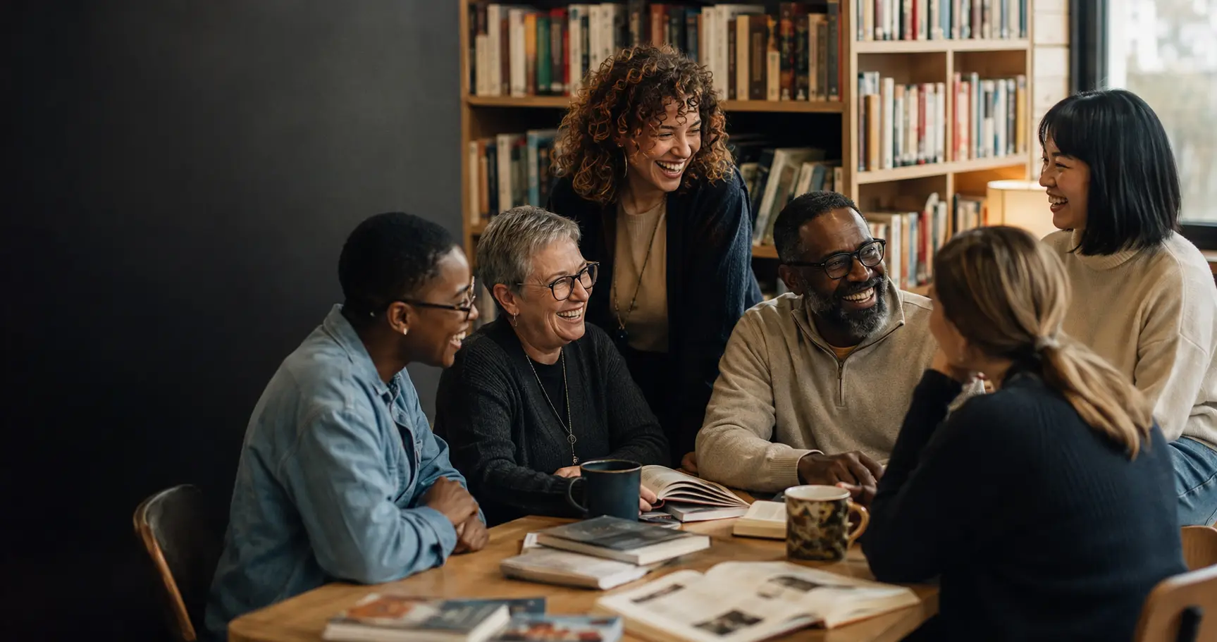 Librarians laughing together around a table with books and coffee