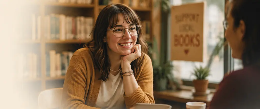 Two librarians enjoying a friendly conversation in a library