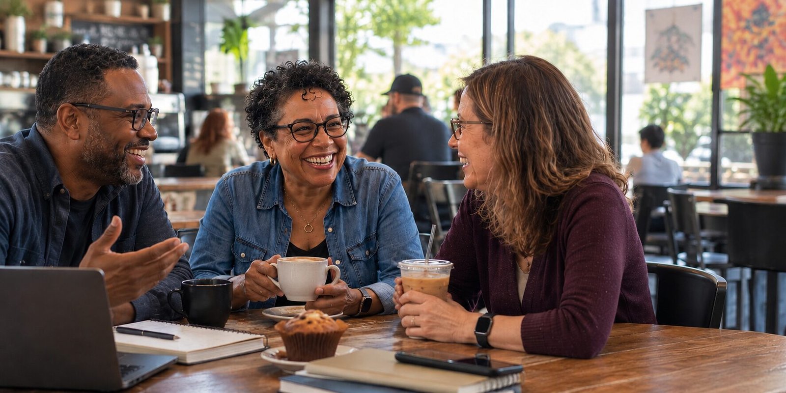 Three librarians talking and laughing together over coffee