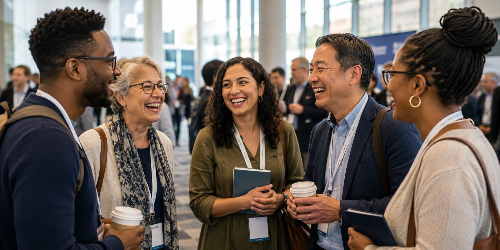 A diverse group of librarians laughing together at a professional gathering